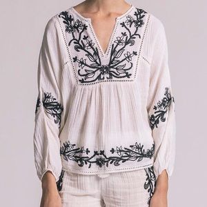 MISA Stella white black embroidered cotton boho gauze blouse top